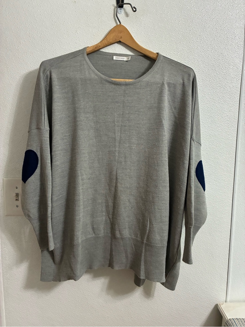 MerSea Gray Knit Sweater with Navy Elbow Heart Patches OS